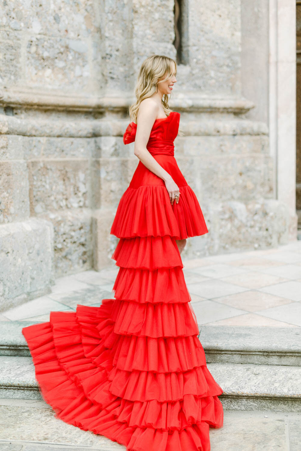 amazing red gown for engagement shooting in city