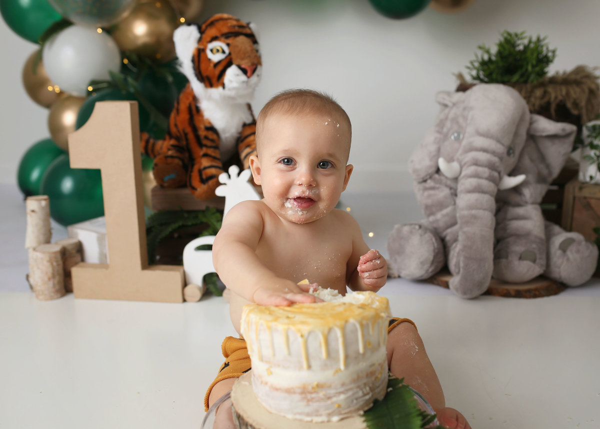 baby boy zoo theme cake smash with hand in cake