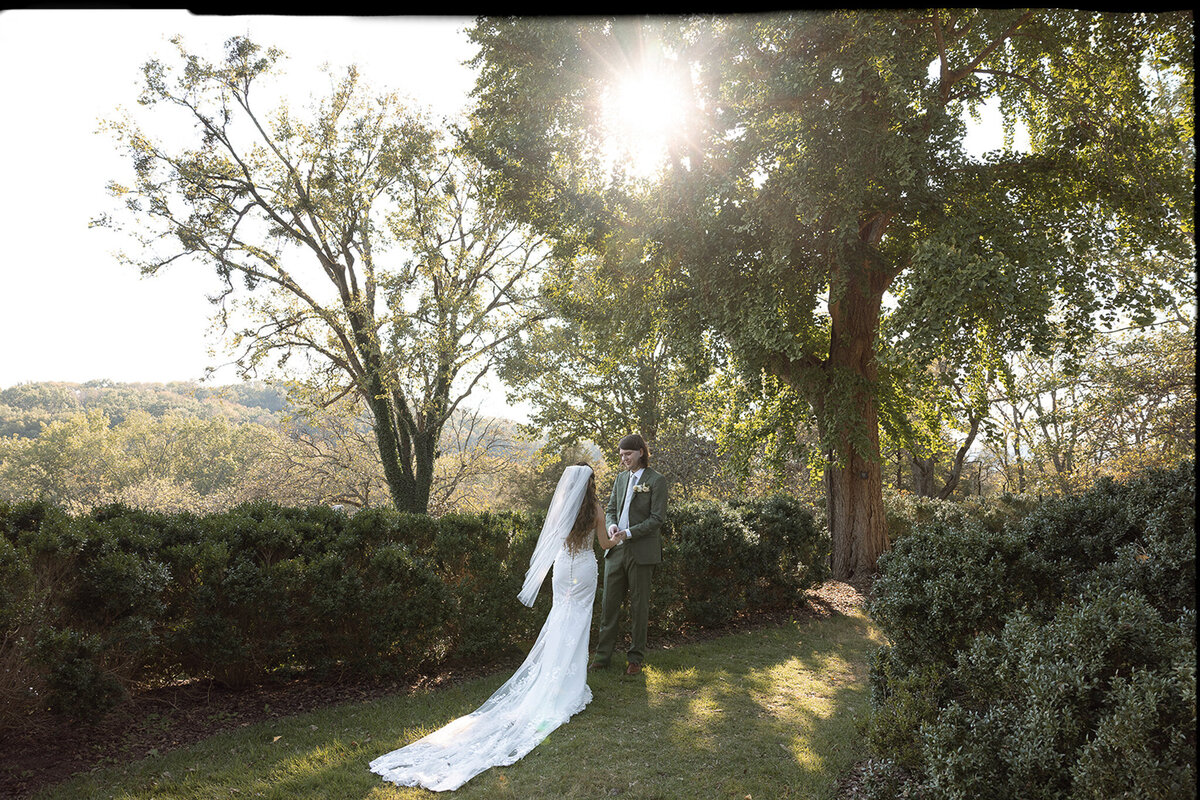 First look under the Tennessee trees during golden hour for a bride and groom at Cheekwood Estates located in Nashville, TN.