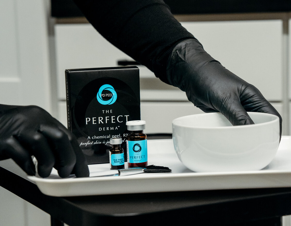 Tray featuring The Perfect Derma Peel vials and mixing tools prepared for treatment at Maxwell Aesthetics in Salem, Oregon
