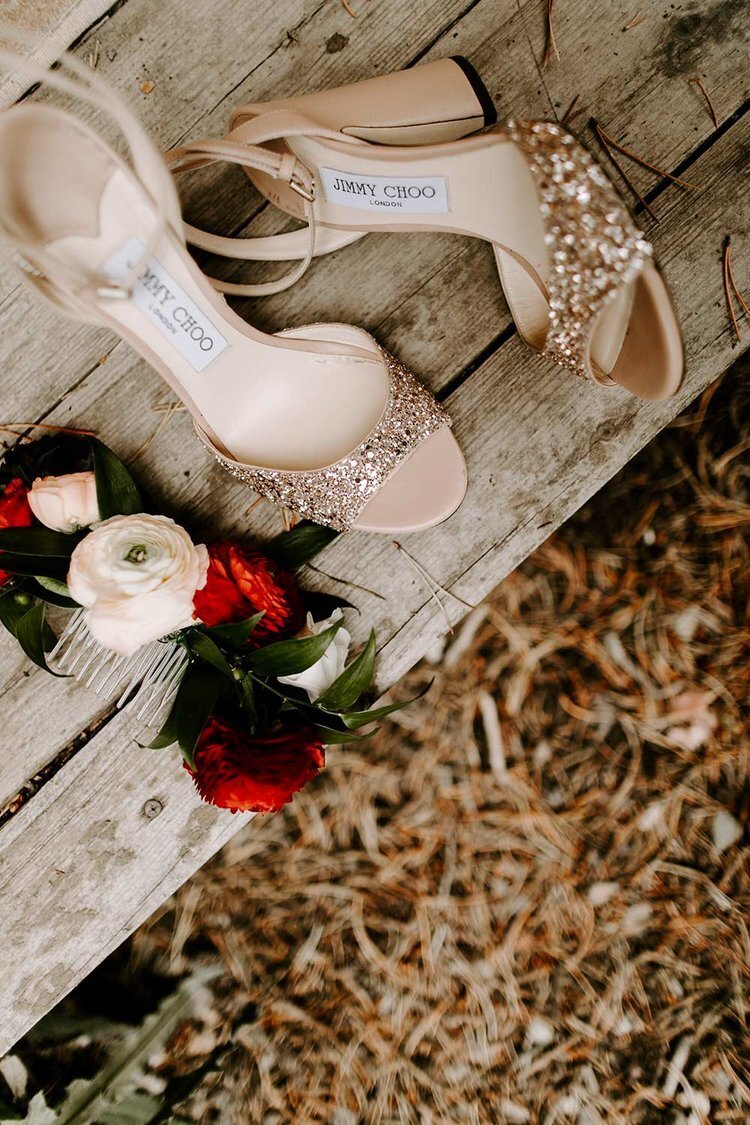 Bride's sandals and Chinese Fusion floral arrangement