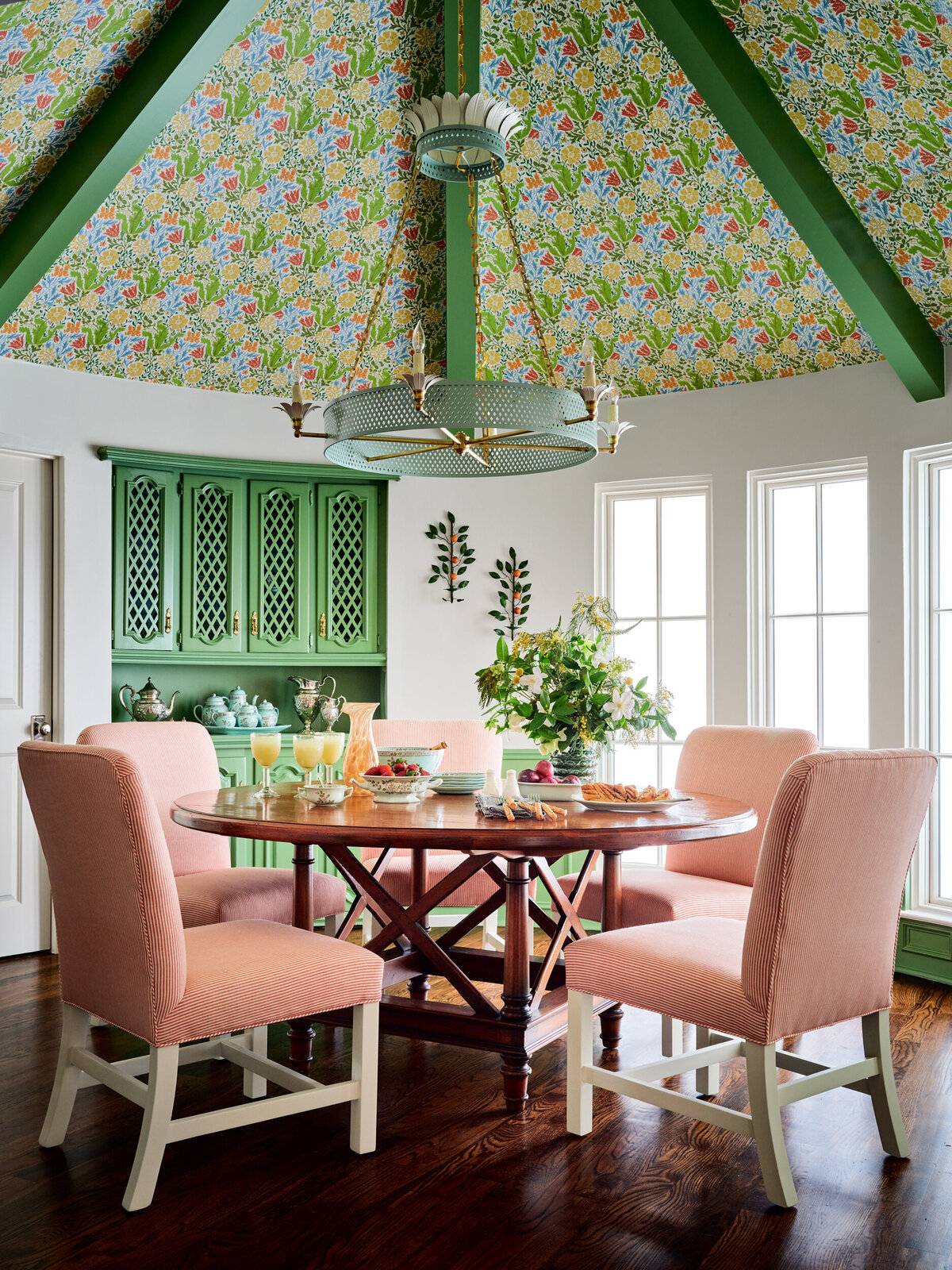 Green Ceiling Beams with Wallpaper with Breakfast Room Chairs and Table