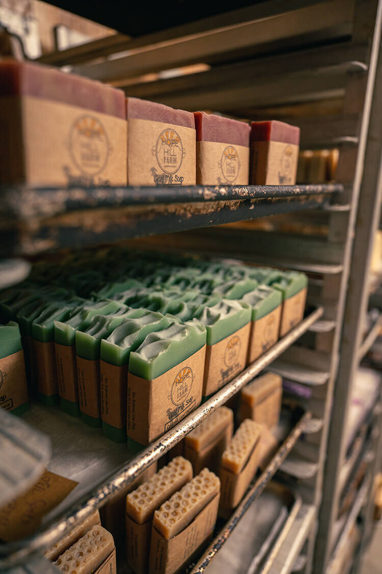 rows of goat milk soap on the shelves