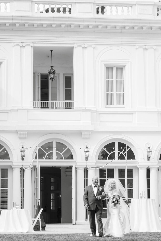 black and white portrait of bride and her father on wedding day - Wadsworth Mansion wedding photographer Rachel Girouard