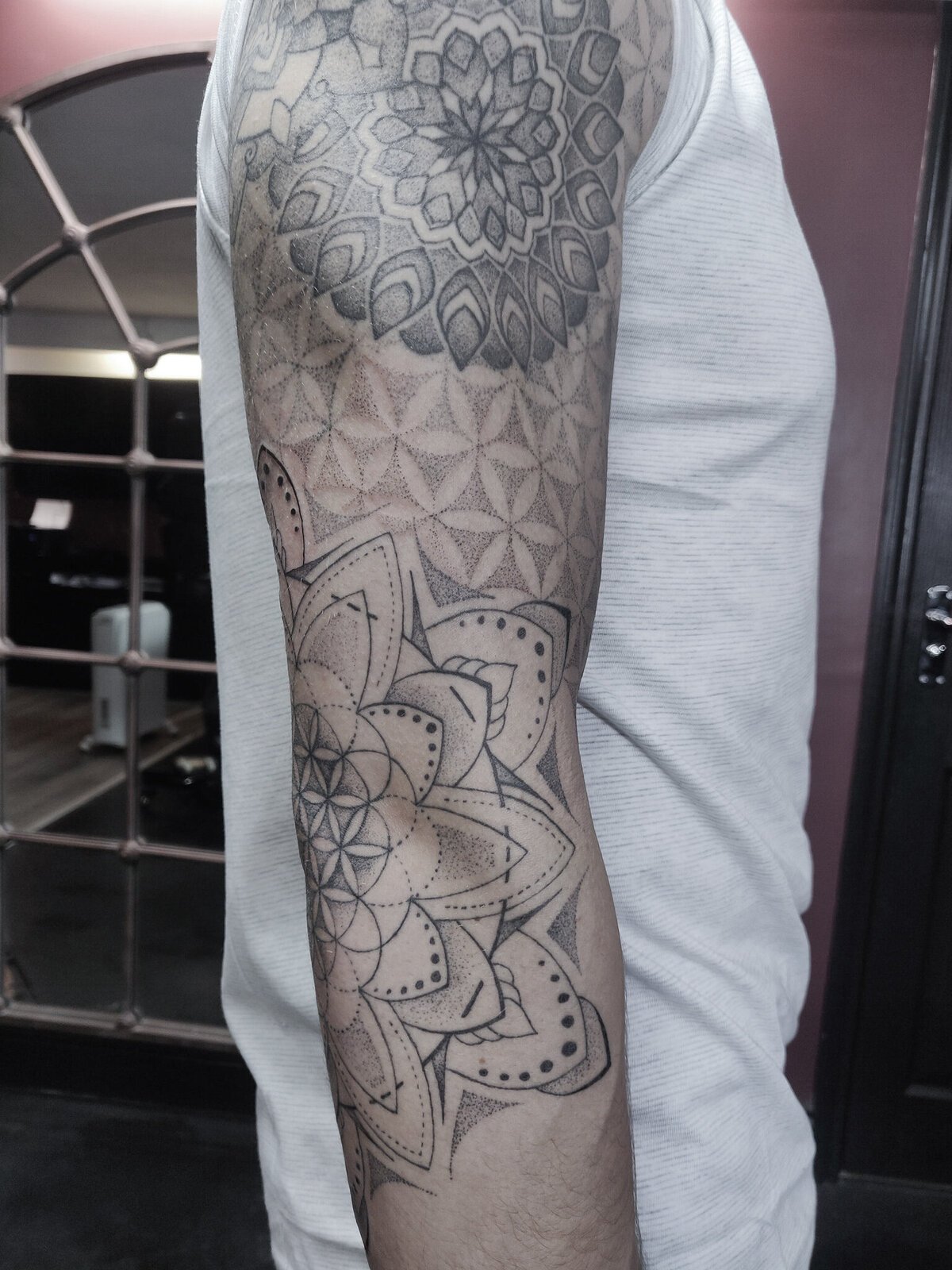 sleeve tattoo, flower of life tattoo, mandala tattoo