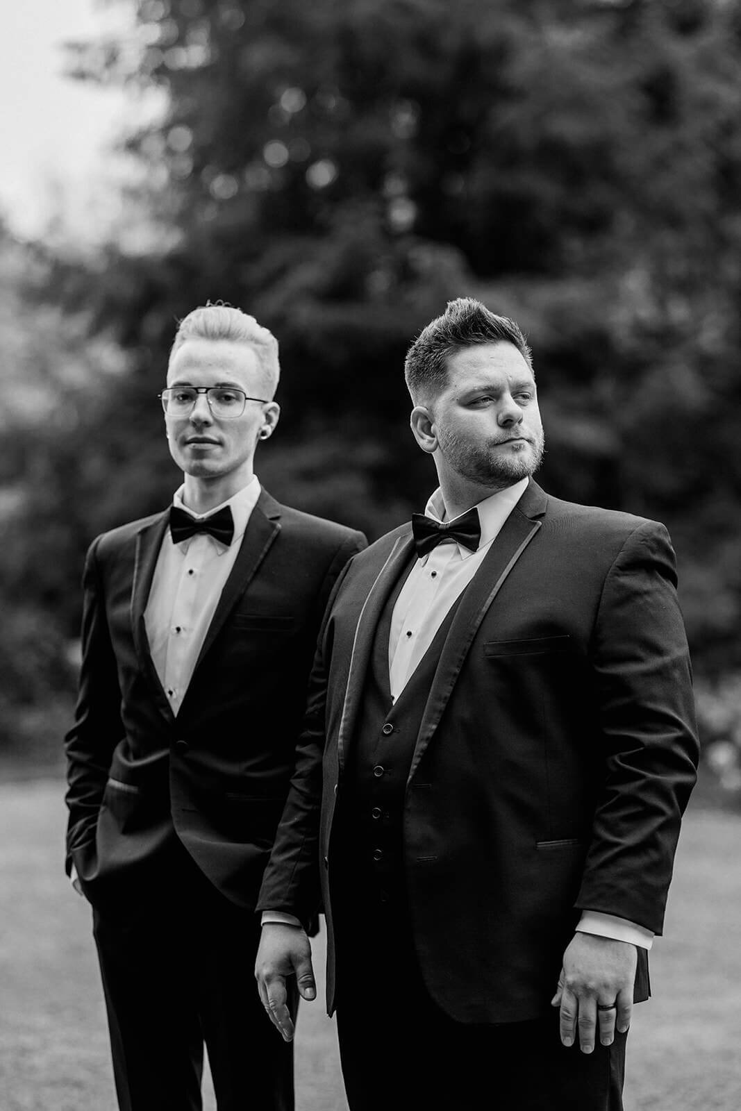 classic black and white two grooms wedding portrait
