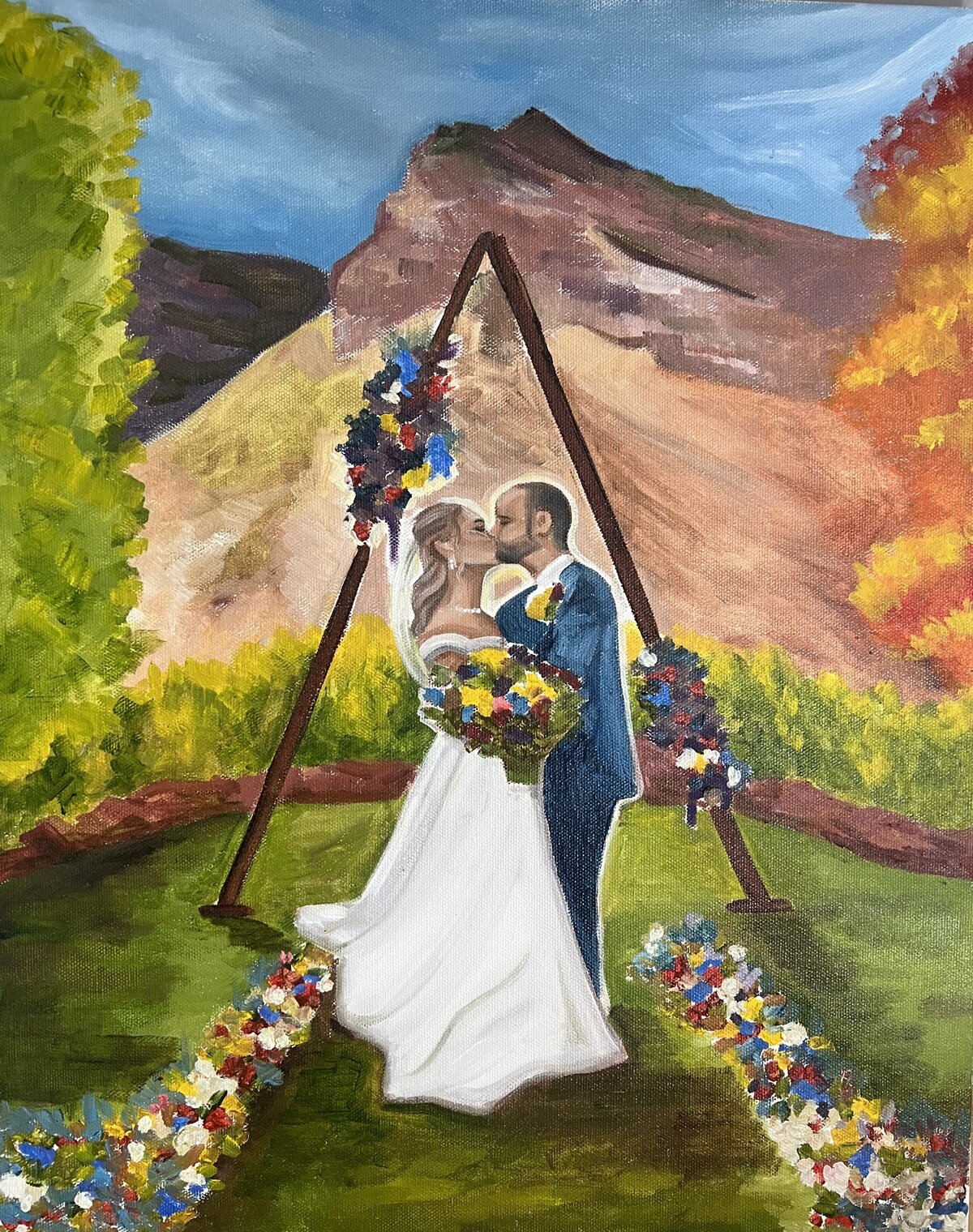 A bride and groom share their first kiss on a romantic mountainside in Lyons, Colorado in this oil painting created by Colorado Live Wedding Painter Olivia Andruss.