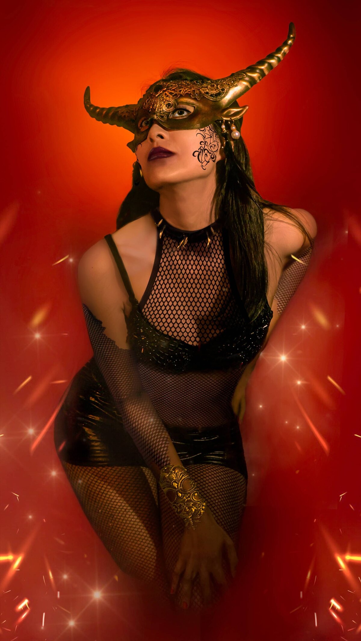 Woman in mask and black fishnet red background