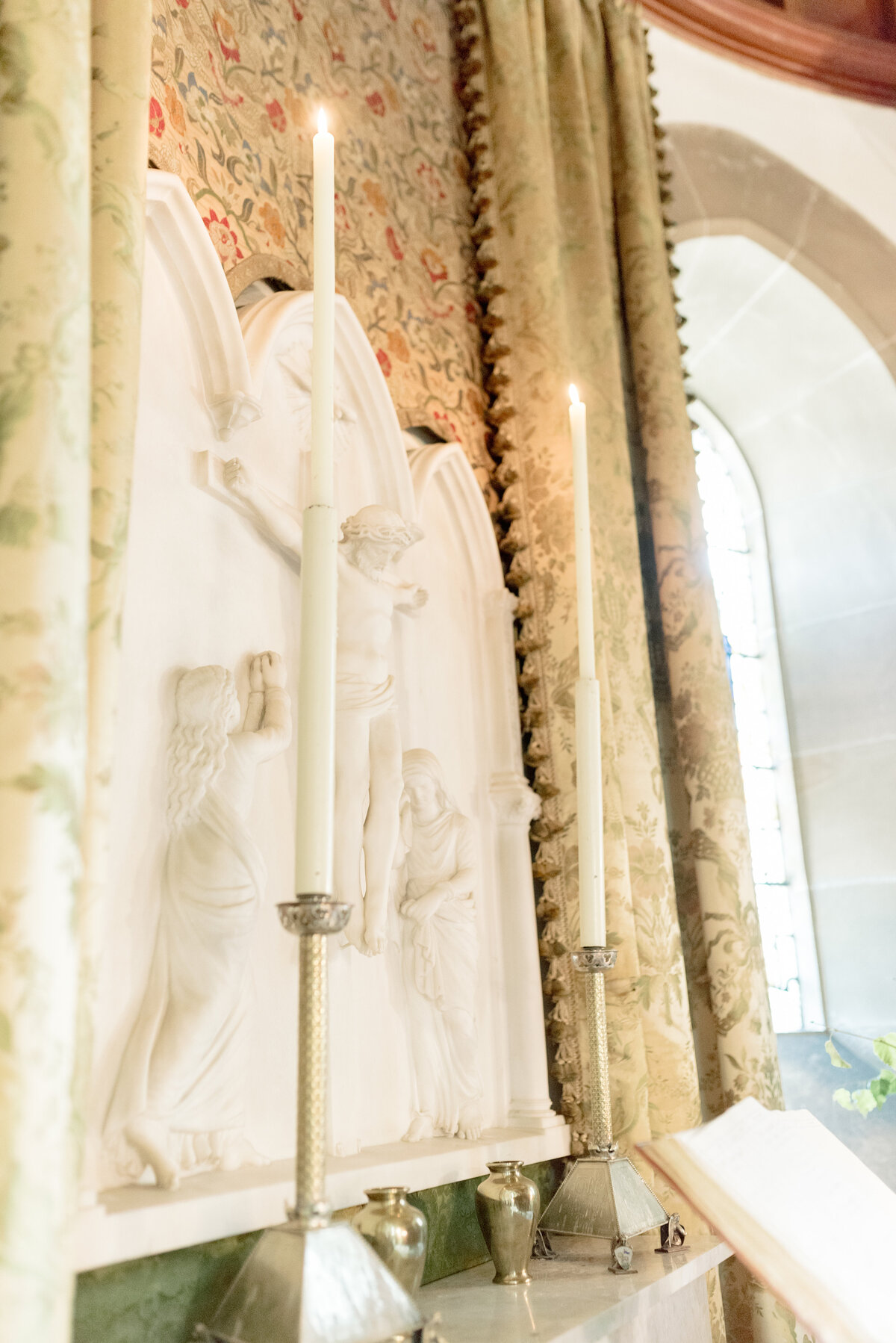 Cromlix House interior Chapel alter candles, wedding venues with Chapels in Scotland.