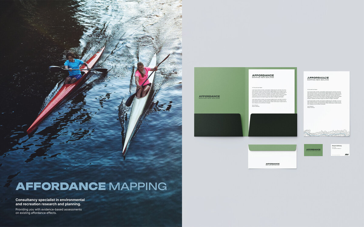 Stationery mockup for Affordance Mapping New Zealand, including business cards and letterhead, designed by a Wanaka brand designer with a focus on custom branding.
