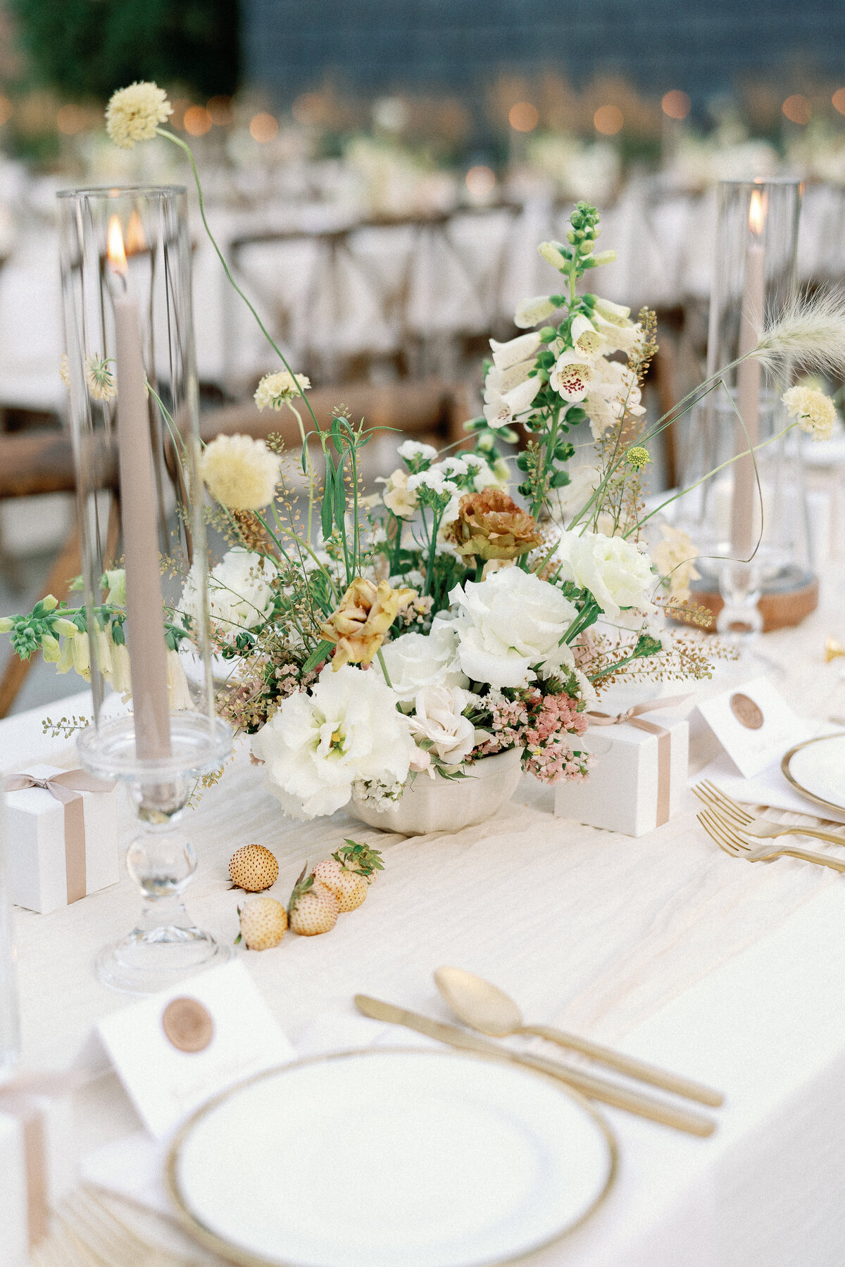 Natural and neutral wedding florist with strawberries