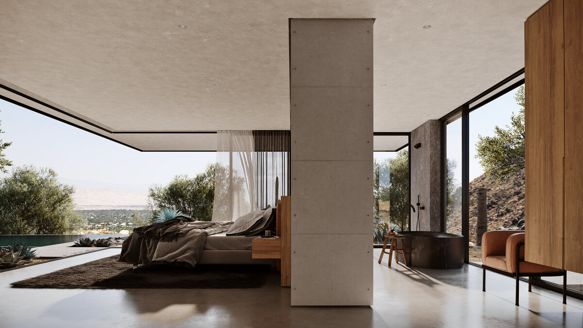Palm Springs architect designed indoor outdoor master bedroom with mountain views.