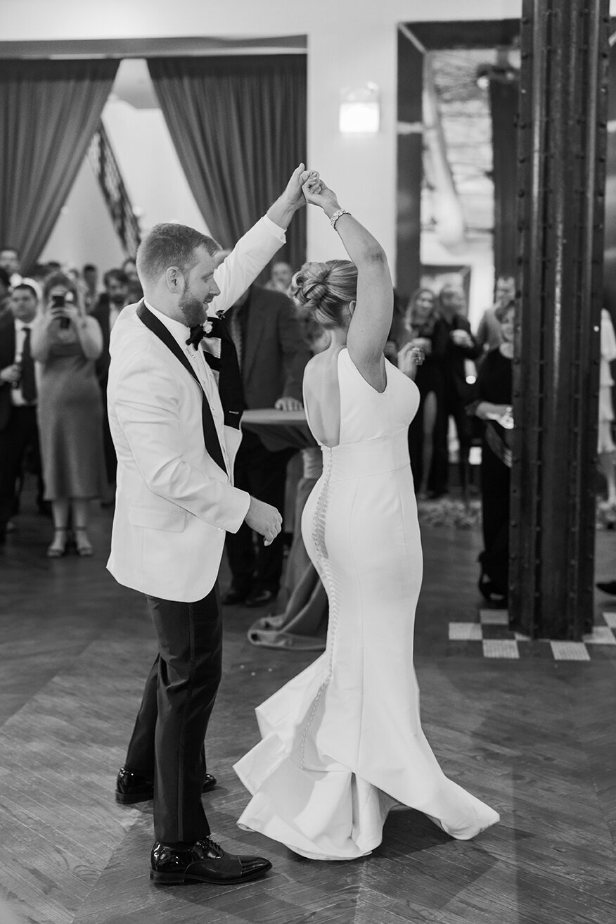 A classic black and white first dance photo at a wedding reception in Chicago