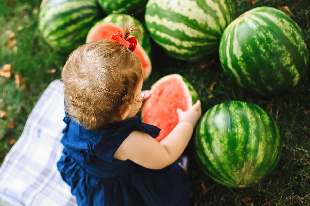 Little Girl turned away looks down at a piece of watermelon