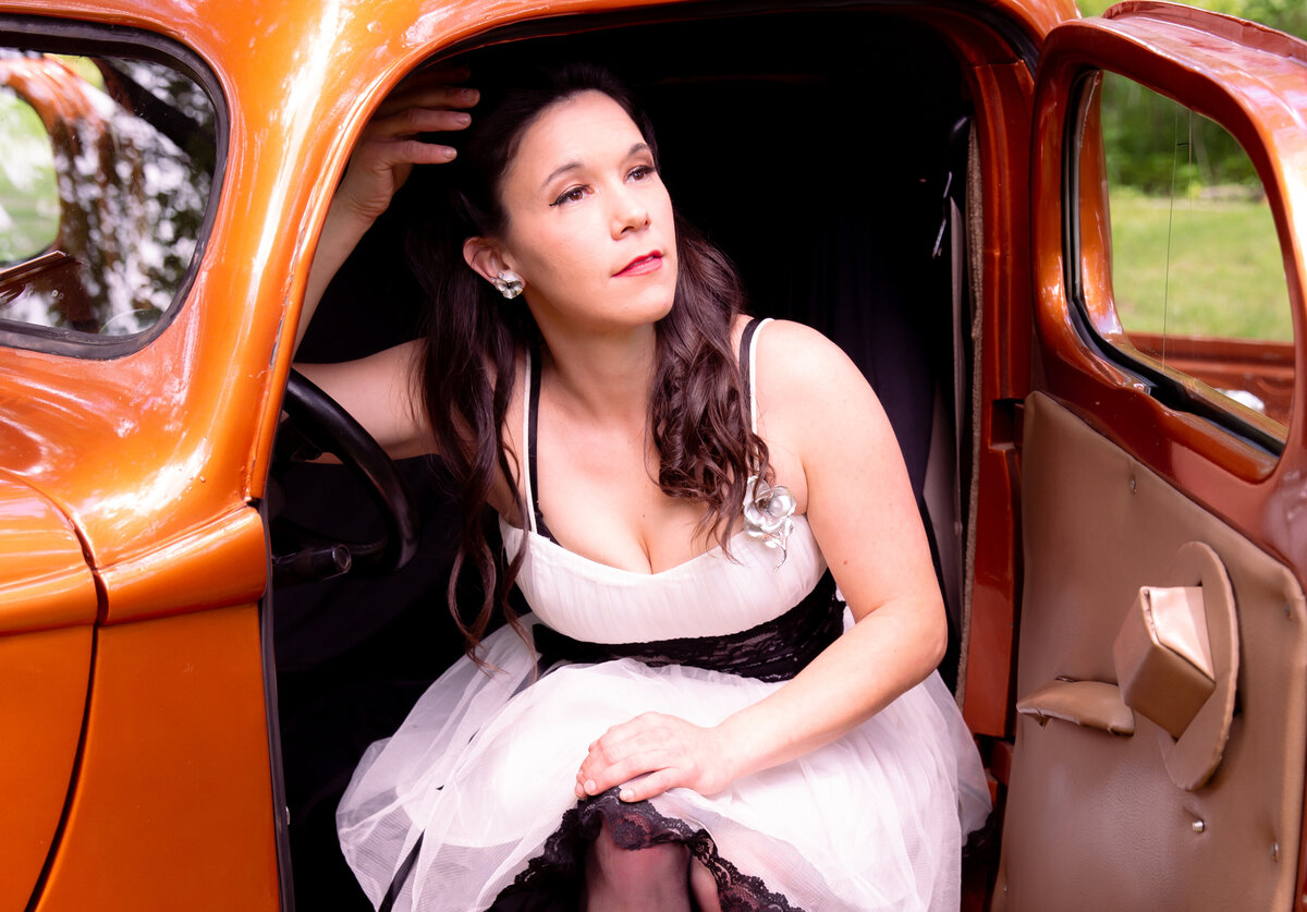 goddess studio boudoir woman pinup style old ford pickup vintage dress