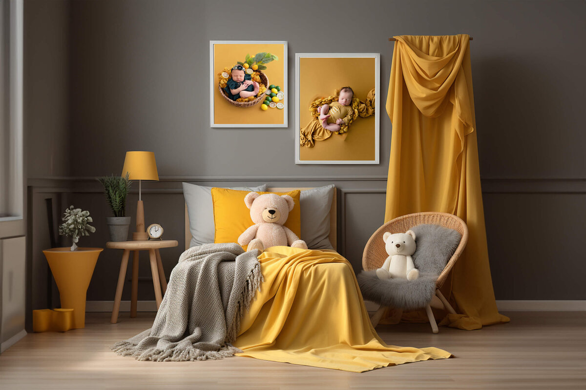 Grey and yellow room with two newborn photos on the wall of a boy and girl in yellow.  Burlington Newborn Photos