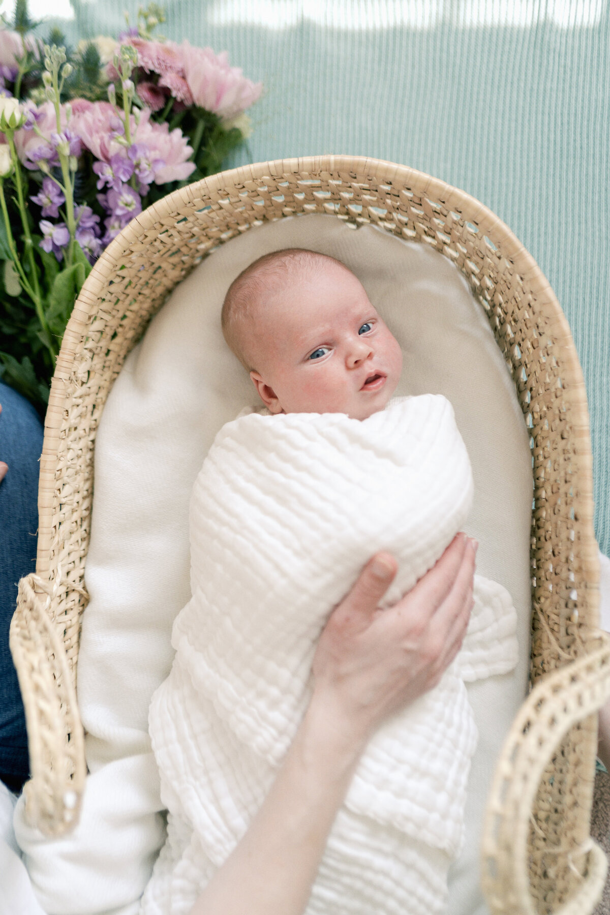 Newborn baby looking up at the camera from her moses basket by Oklahoma City Newborn Photographer Courtney Cronin