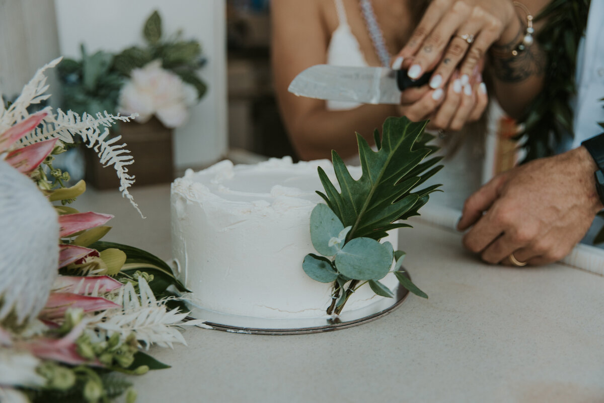 Maui Wedding Photographer captures bride and groom cutting white wedding cake with palm trees