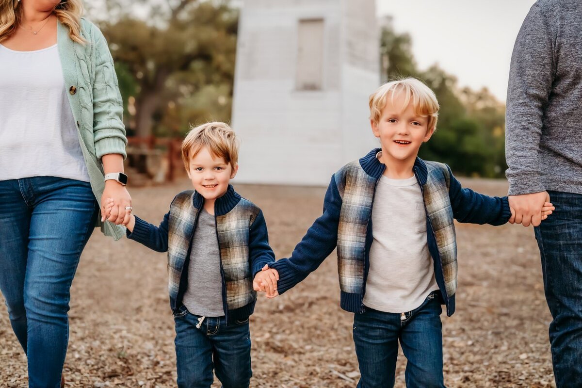 2 brothers holding hands smiling towards camera