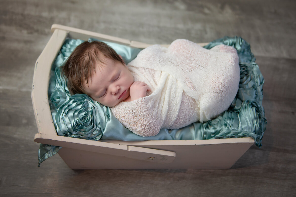Newborn baby girl in a basket with teal blue roses