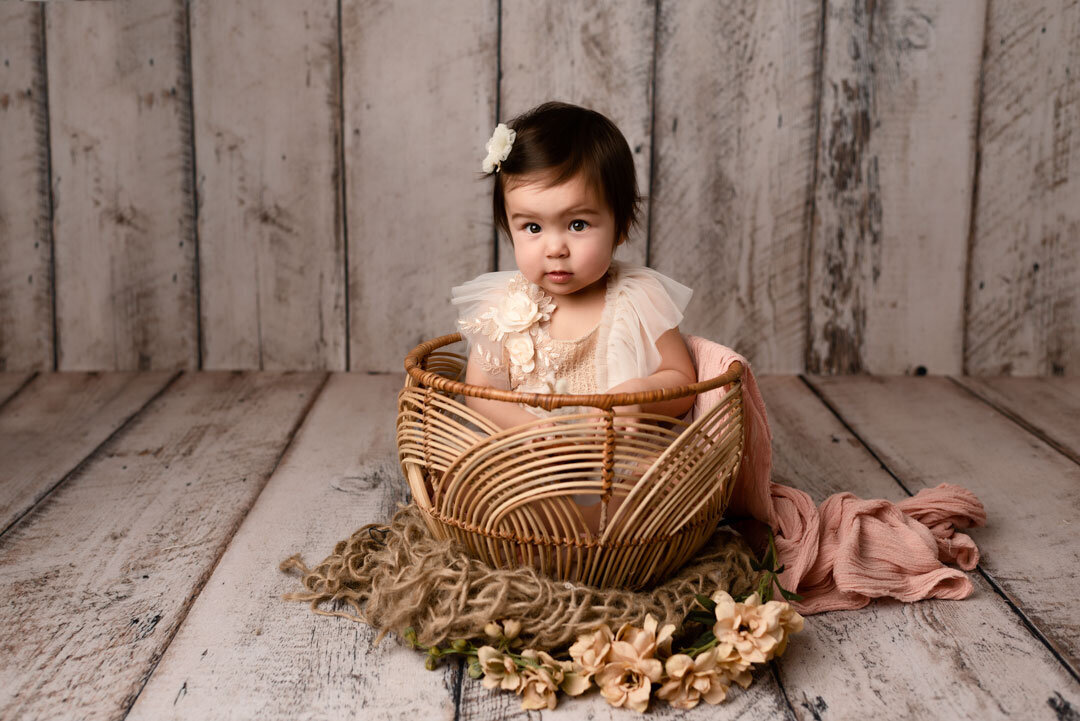 Children Milestone Photography with Wicker Bowl by For the Love Of Photography
