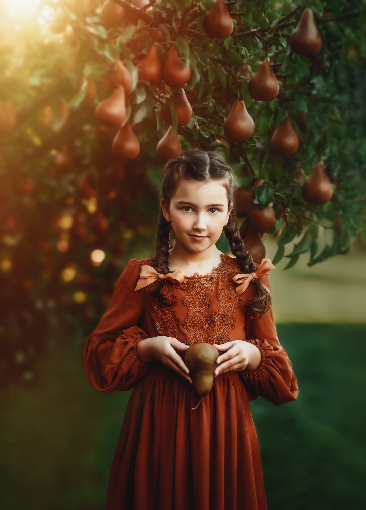 Girl-wearing-vintage-dress-in-apple-orchard