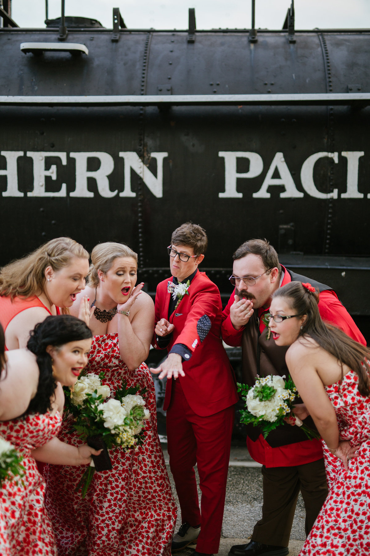 wedding party in front of train at Sunset Station wedding venue in downtown San Antonio taken by San Antonio Photographer