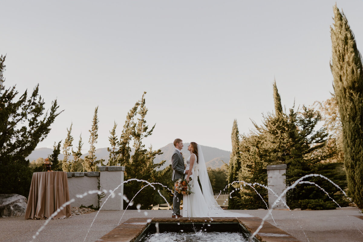 bride and groom in courtyard with blue ridge mountains in the background