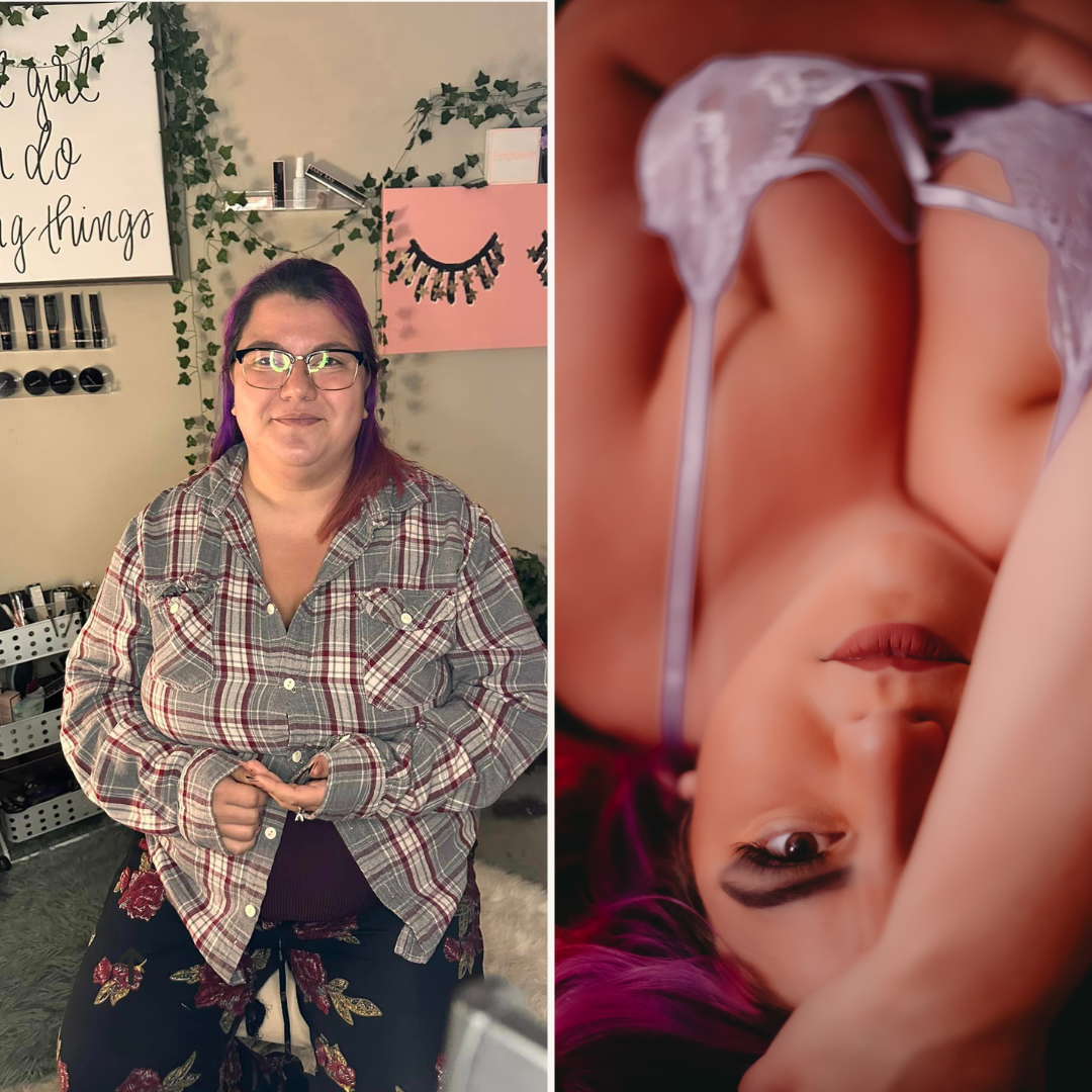 left side is woman with glasses on and plaid shirt. right side is woman from boudoir session looking at camera