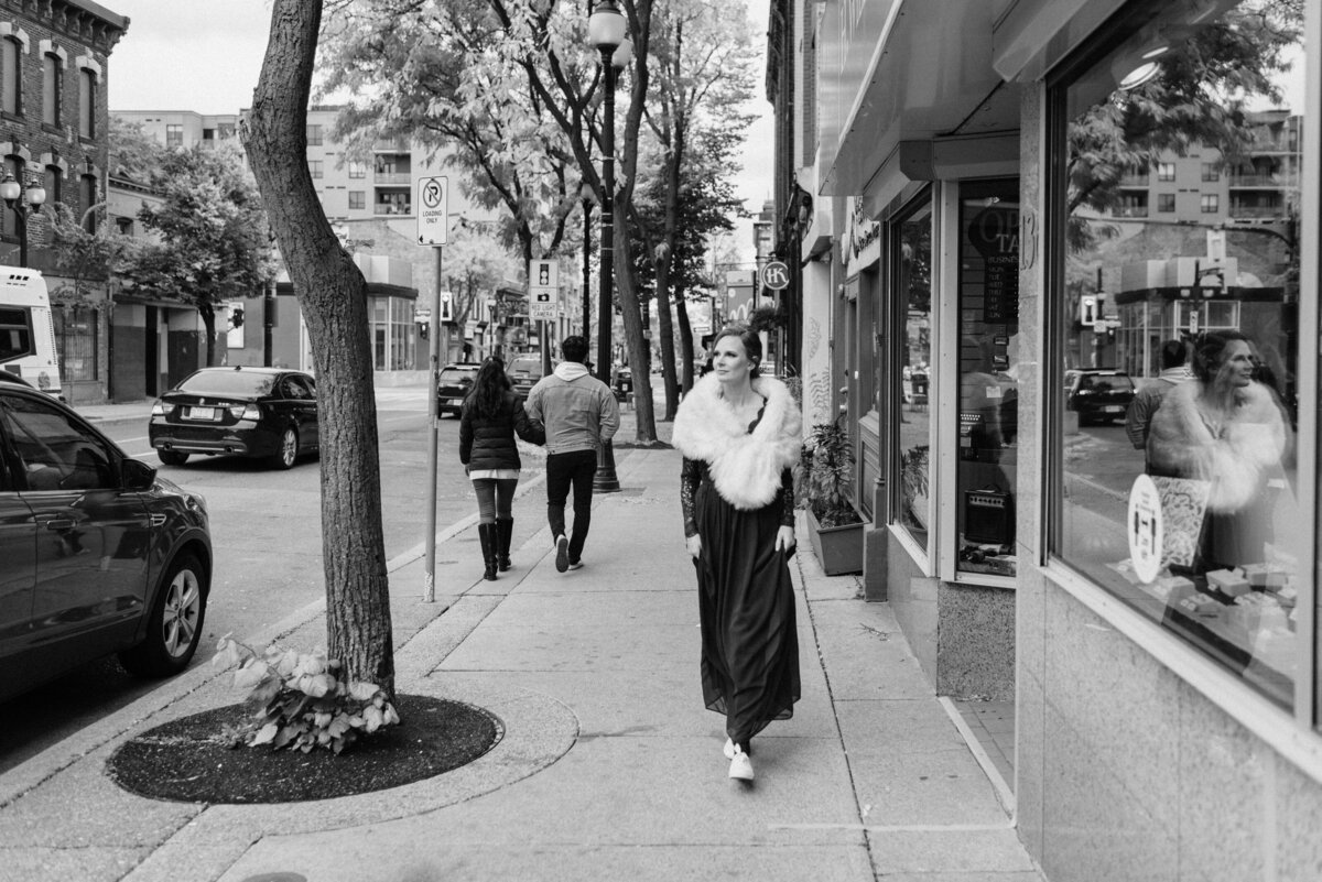 hamilton ontario brides walks down street in black and white