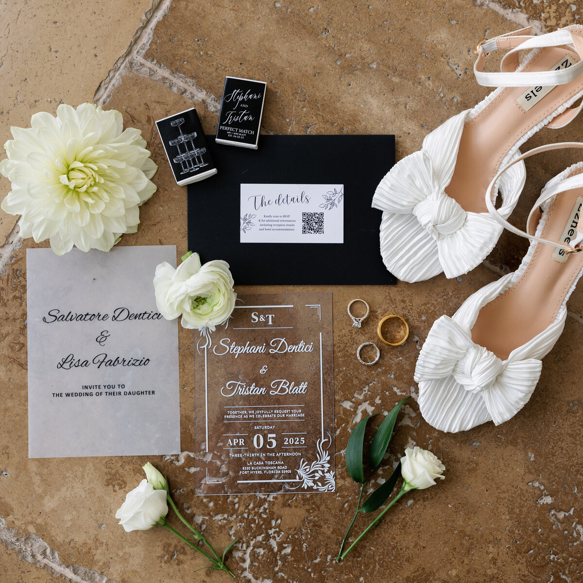 Bridal details and flat lay with white florals at La Casa Toscana