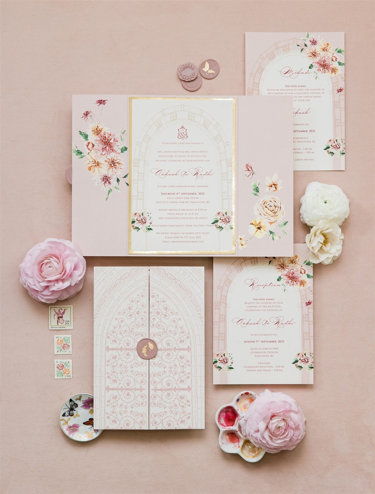 Blush florals gate-fold Hindu wedding invitation 1