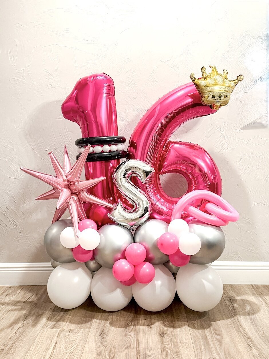 Sweet 16 balloon bouquet in fort myers, florida with pink, white, and silver balloons