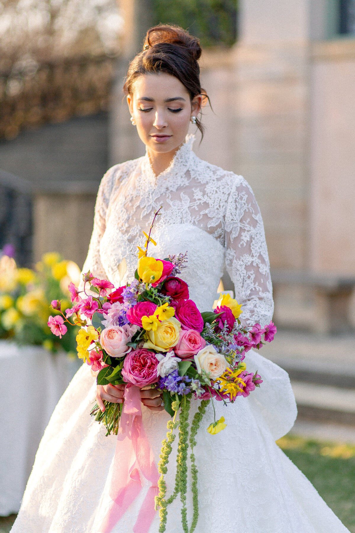 Oklahoma bridal portrait spring colors at Philbrook Museum of Art by Kayleen Shearer Photography