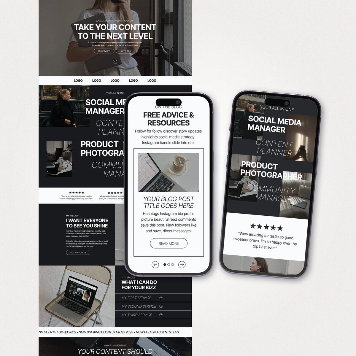 Fully responsive website design for a social media manager. The image shows both the desktop and mobile version of the website.