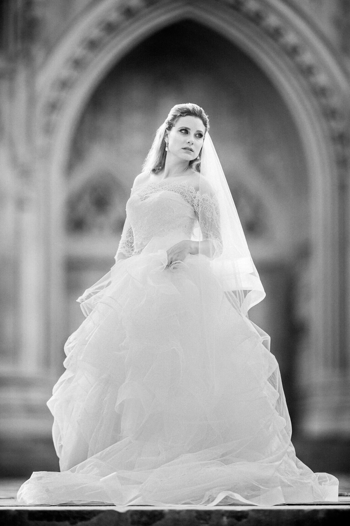 Elegant bride standing in front of an ornate doorway, her gown and veil beautifully draped