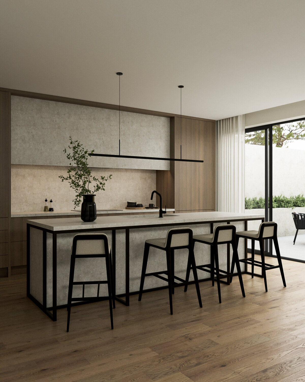 warm wood kitchen  with stone countertops