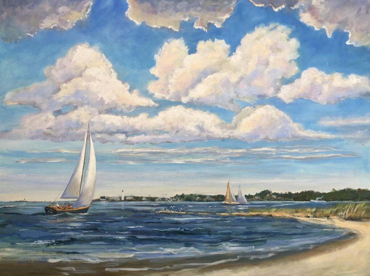painting of the Connecticut River near East Lyme and Old Saybrook with blue water, puffy clouds and sailboats, 30 x 40" acrylic painting by Linda Marino