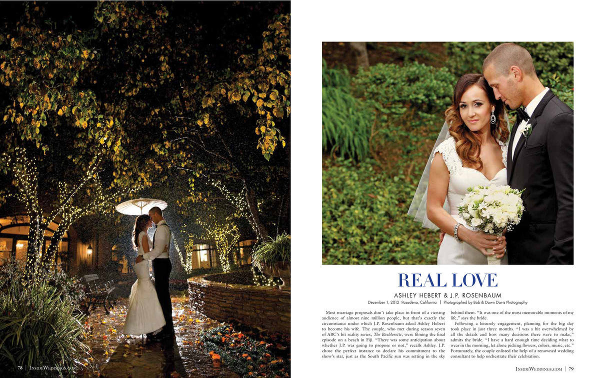 What an incredible honor to have Ashley Hebert and J.P.'s wedding featured not only in People magazine... and now Inside Weddings Summer 2013 issue. Ashley & J.P. are so sweet and just a beautiful couple. Their beautiful wedding at The Langham Huntington in Pasadena, California was planned by Celebrity event planner Mindy Weiss and her team did an amazing job bringing this wedding to fruition. Thank you Walt and Art at Inside Weddings for featuring another one of our beautiful weddings! For brides looking for inspiration, this is the magazine to buy! Click here for a list of vendors.