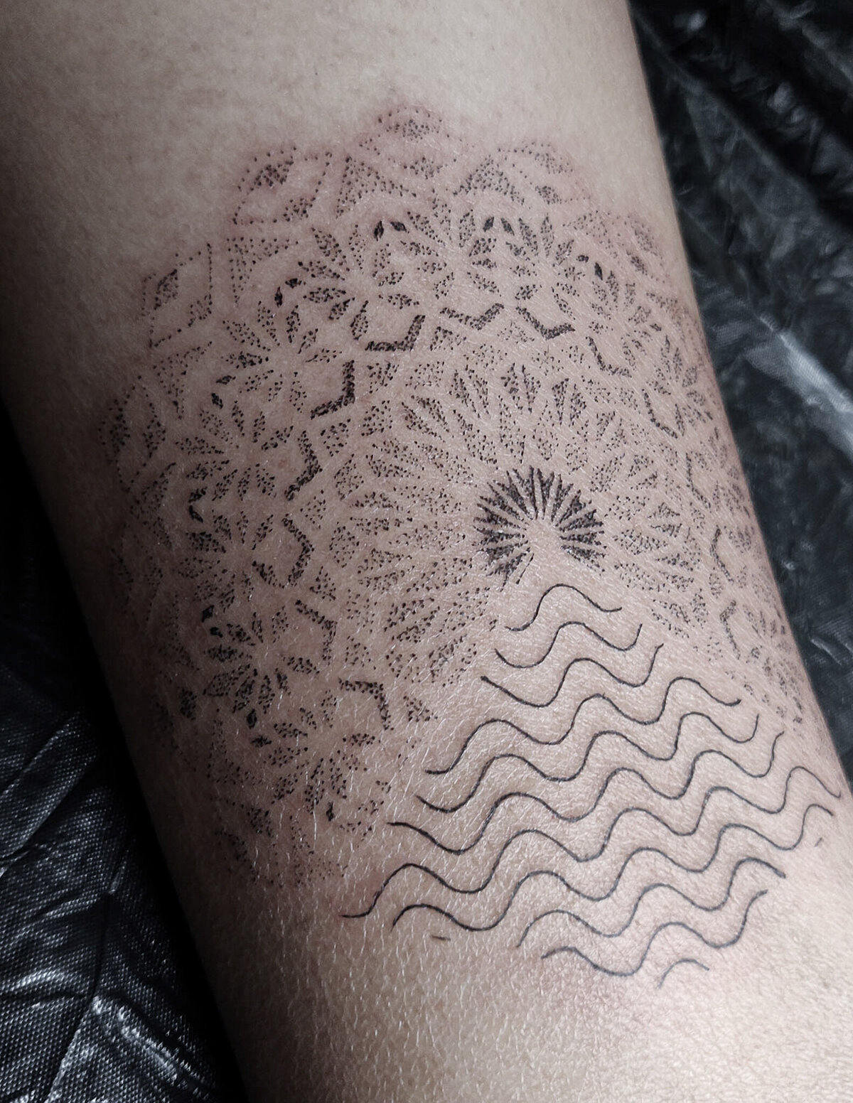 mandala tattoo, wave lines tattoo, dotwork tattoo, abstract tattoo