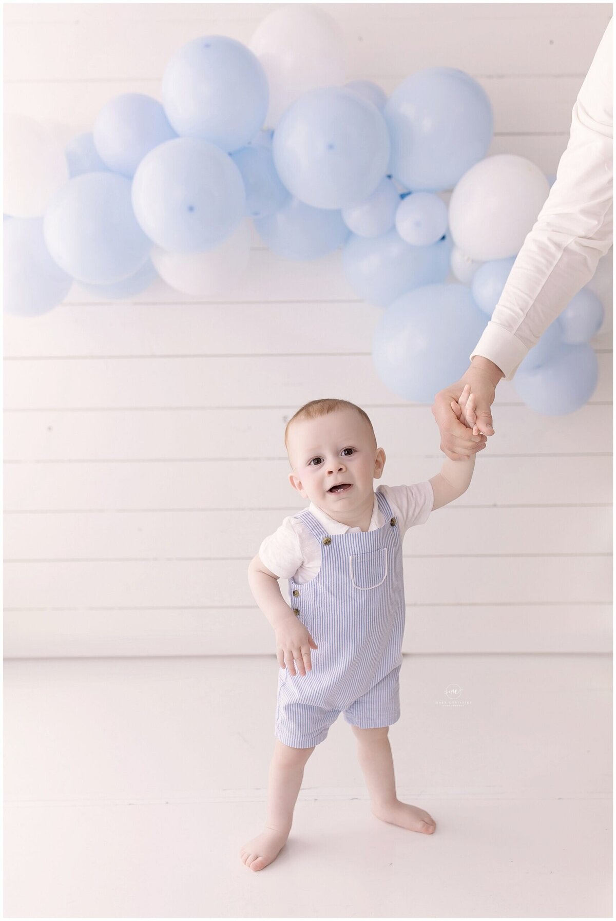 Photos from a blue themed first birthday session in Akron