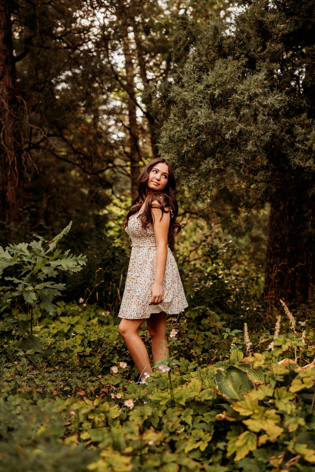 Girl poses in patch of plants while sun rays shine behind her