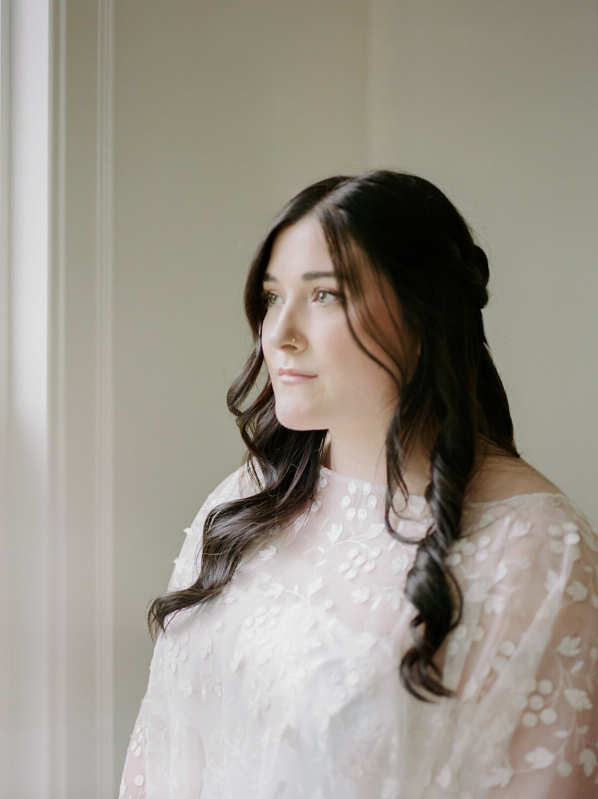 candid film wedding photographer Christina Harrison captures bride with dark hair, bridal cape at Glass House Community