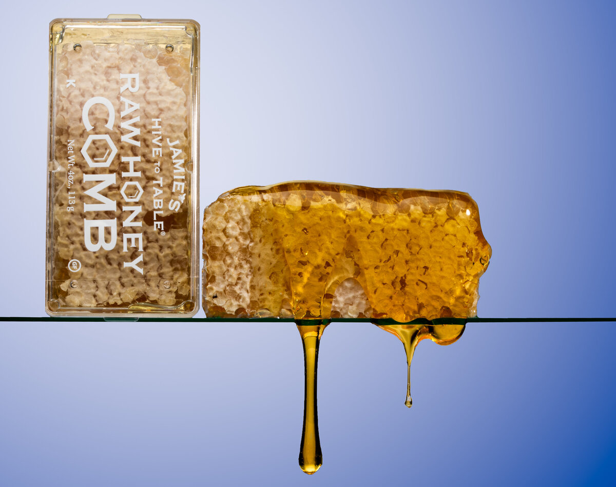 Jamies farm to table raw honey comb. Denver, Colorado food and beverage photographer. Denver, Colorado commercial packaging photographer.