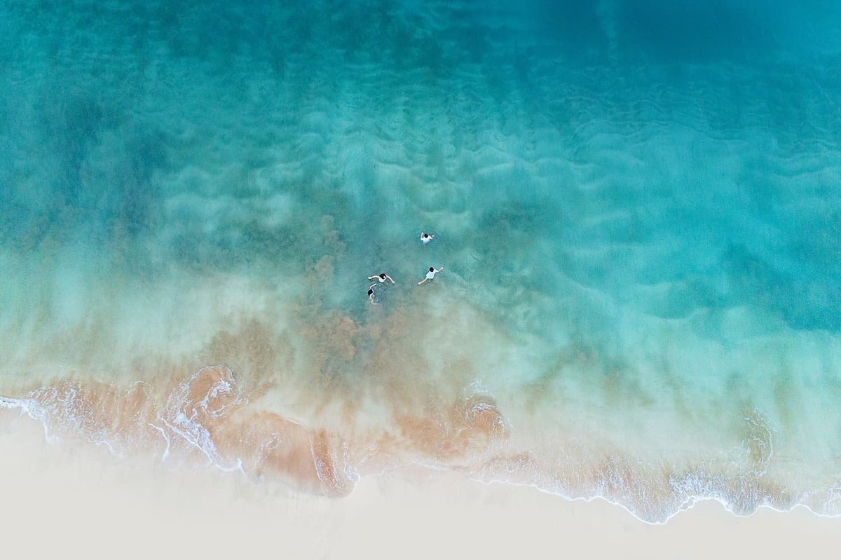 Drone portrait in Maui featuring family floating on their back in turquoise ocean with white sand in the foreground