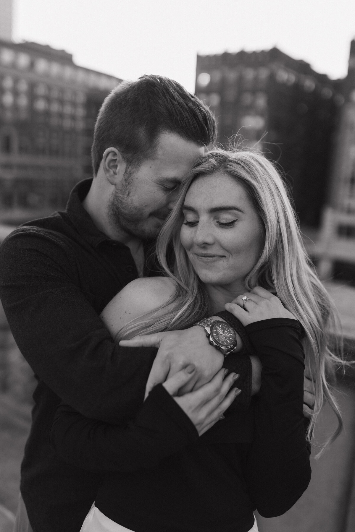 Black and white Indianapolis engagement photography portrait