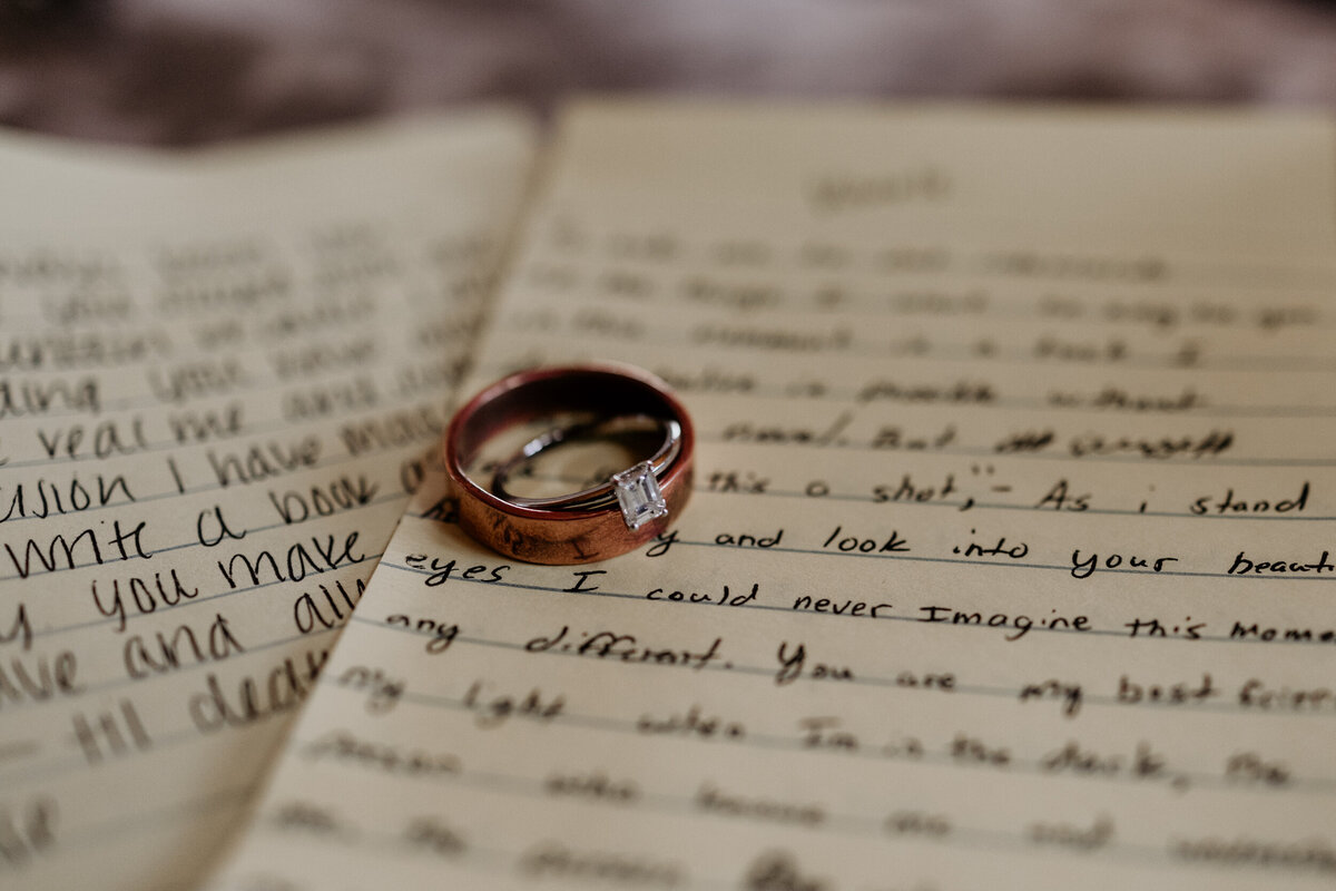 bride and groom wedding rings sitting on top of handwritten vows