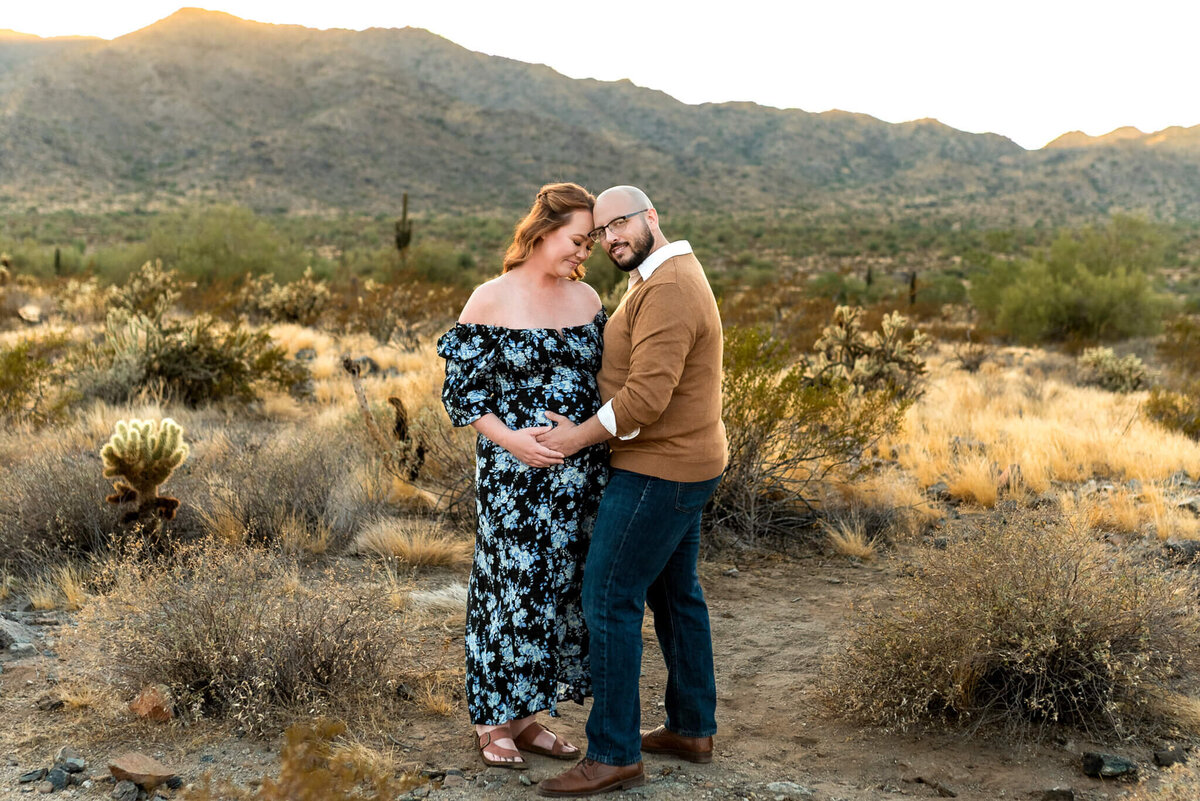 parents-to-be hugging in the Arizona desert to celebrate their pregnancy. Photographed by Cactus & Pine Photography