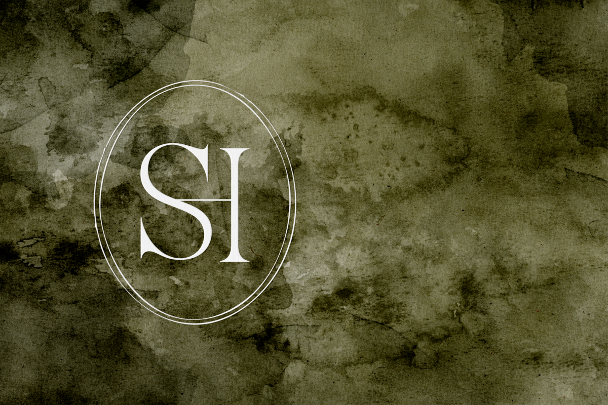 Elegant monogram ‘SH’ inside a thin oval border over a textured, watercolor-style green and brown background.