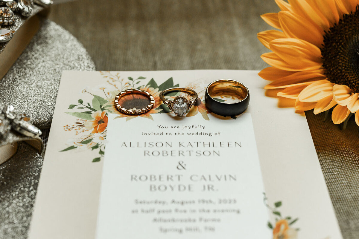 Bride and groom rings sitting on top of their wedding invitation